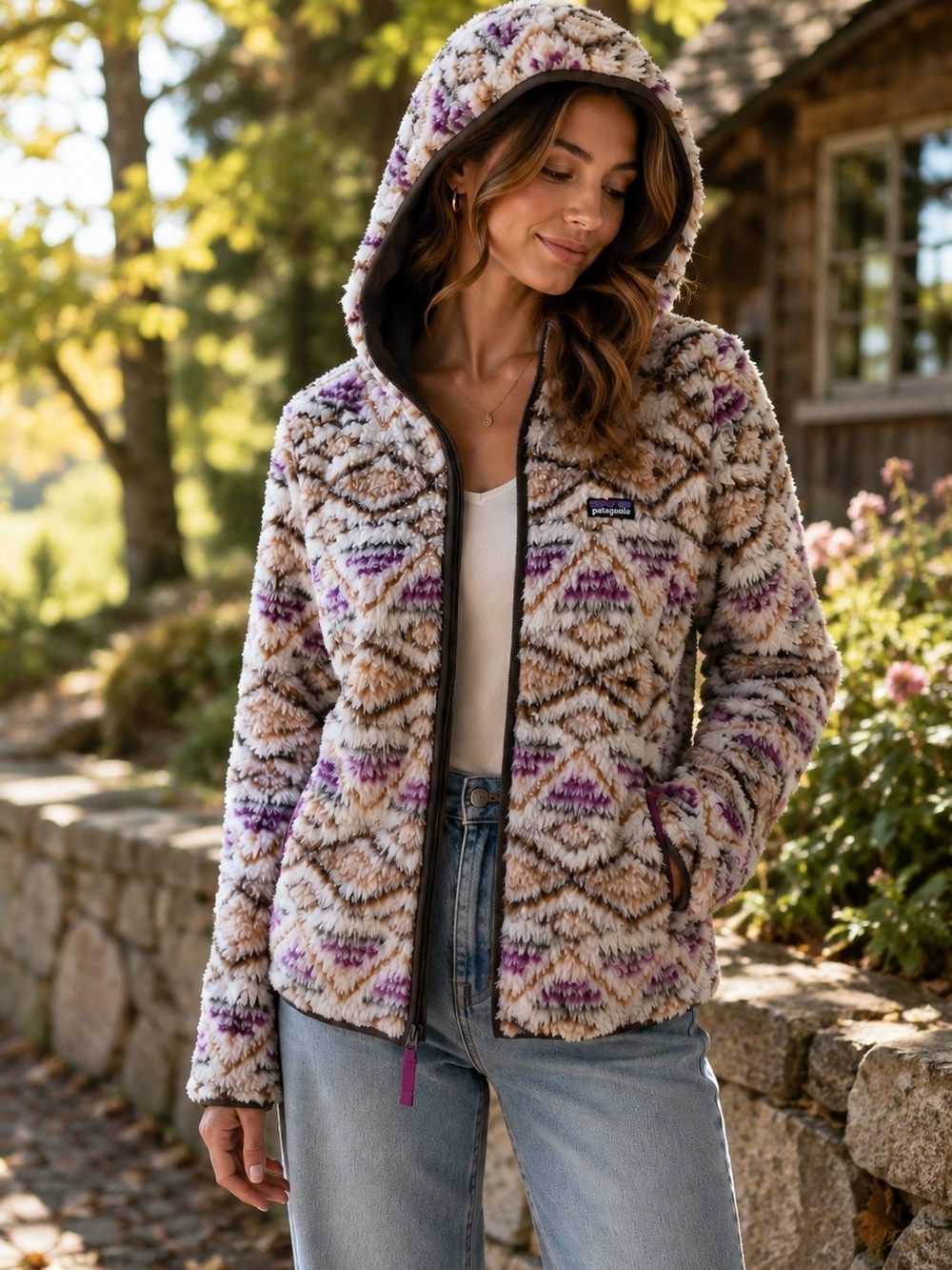 Patagonia Hooded Furry Fleece Jacket Women’s Medium Geometric Print Cozy